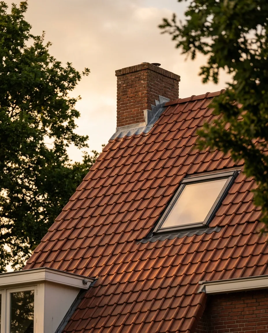 Gerenoveerd dak met nok, schoorsteen en strak loodwerk