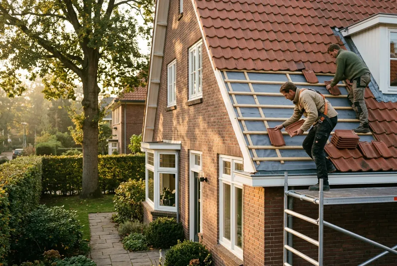 Dakdekkers leggen keramische pannen op een jaren-30 woning