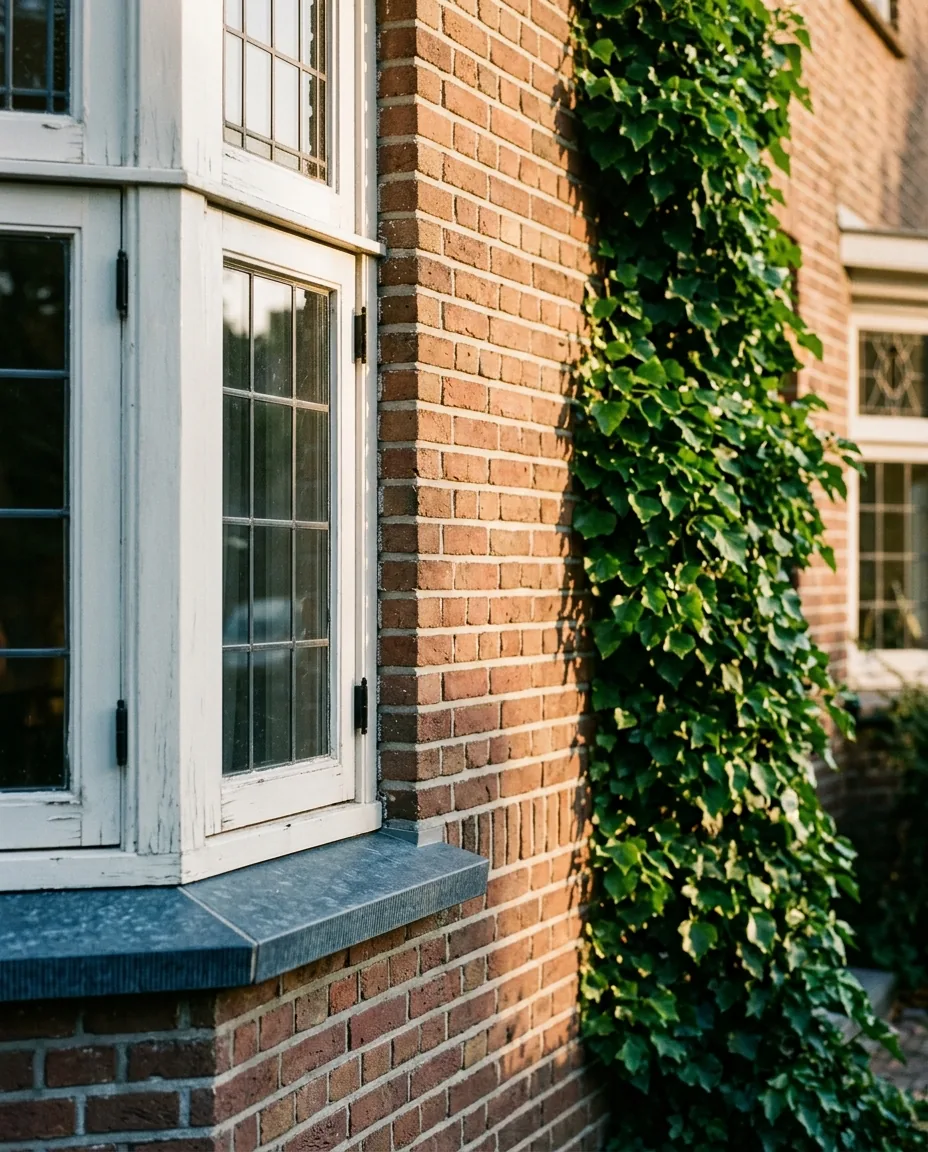 Bakstenen gevel met vers voegwerk en een wit erkerkozijn