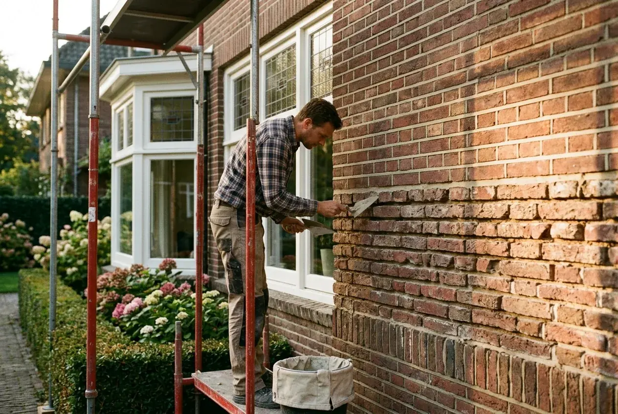 Vakman voegt het metselwerk van een bakstenen gevel opnieuw