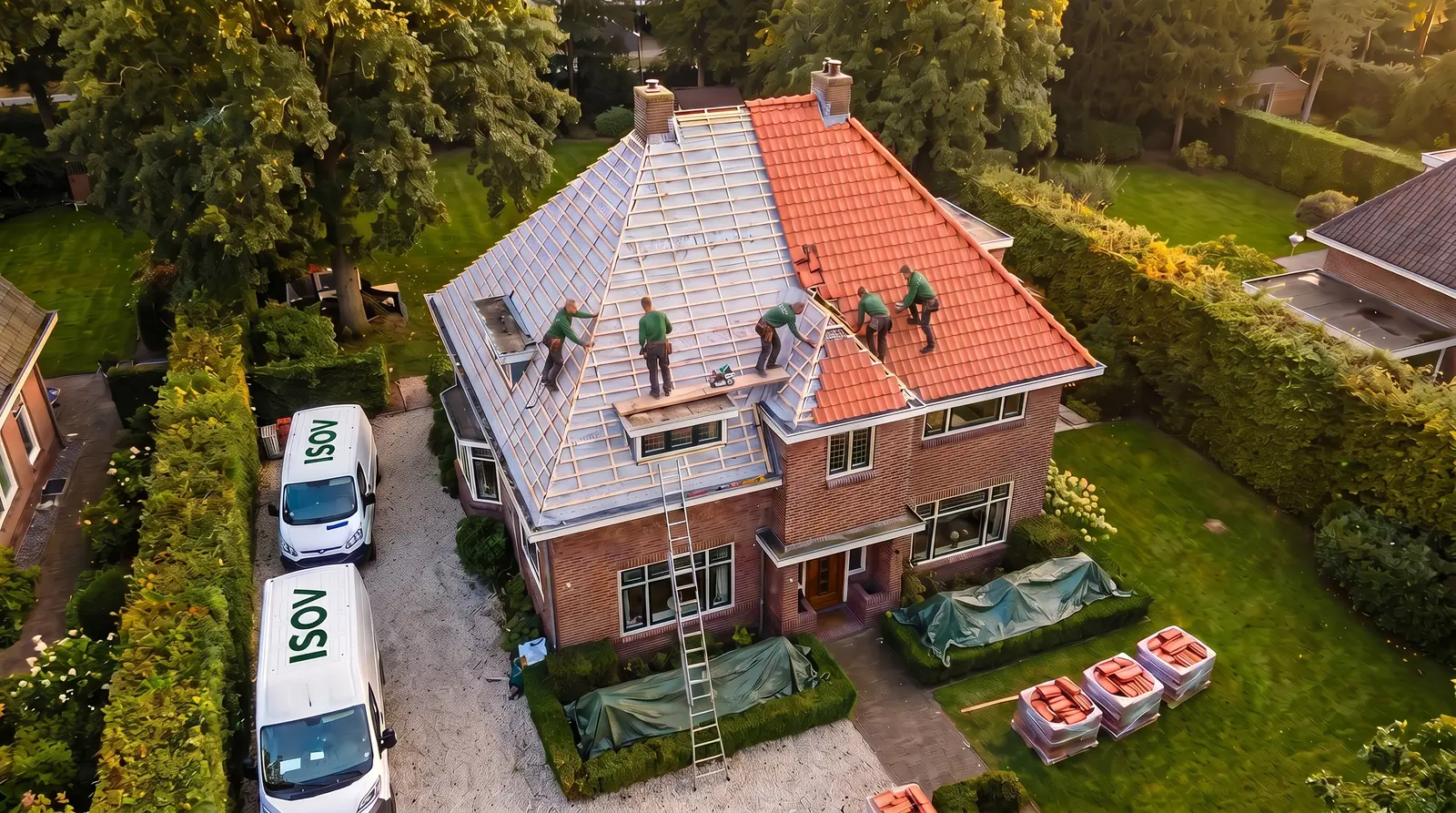 Dakrenovatie door ISOV aan een villa in Het Gooi, gezien vanuit de lucht