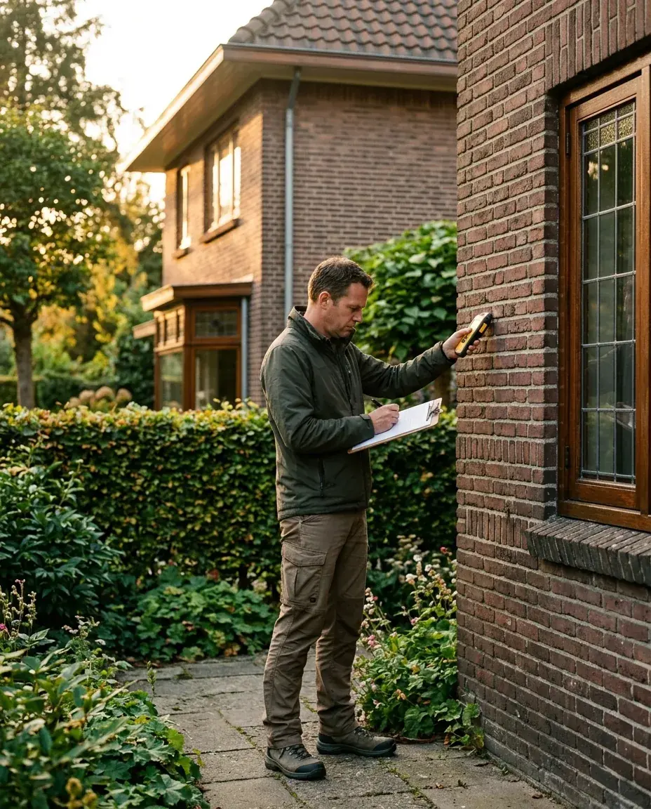Bouwkundige inspectie van een gevel met een vochtmeter