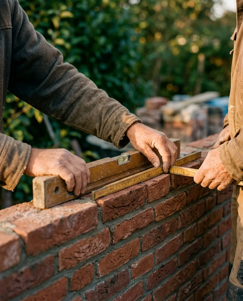 Handen van een vakman met waterpas op pas gemetseld werk